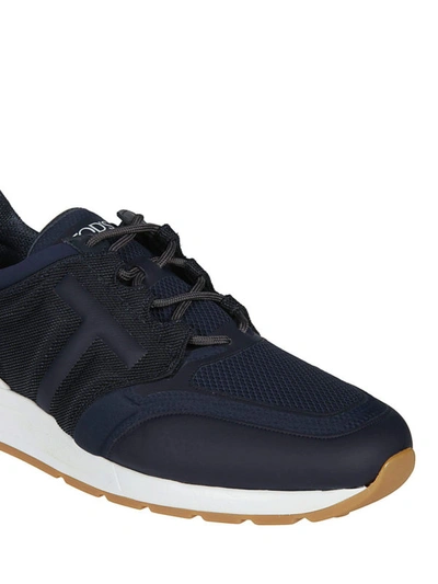 Shop Tod's Midnight Blue Leather And Fabric Sneakers In Dark Blue