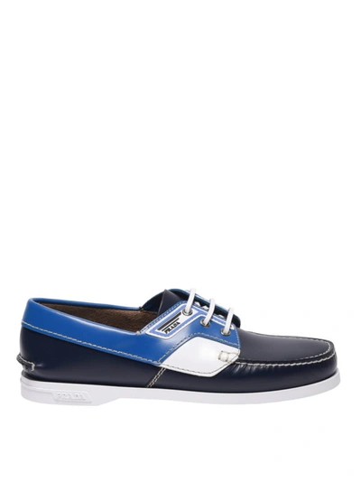 Shop Prada Brushed Leather Colour Block Boat Loafers In Blue
