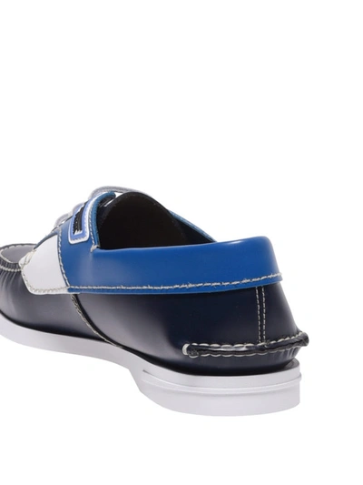 Shop Prada Brushed Leather Colour Block Boat Loafers In Blue