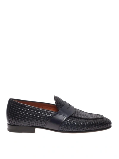 Shop Santoni Woven Leather Loafers In Dark Blue