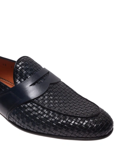 Shop Santoni Woven Leather Loafers In Dark Blue