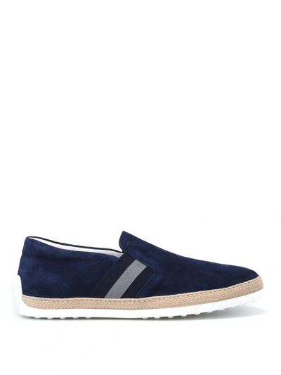 Shop Tod's Raffia Trimmed Blue Suede Slip-ons