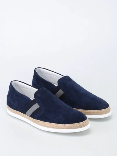 Shop Tod's Raffia Trimmed Blue Suede Slip-ons