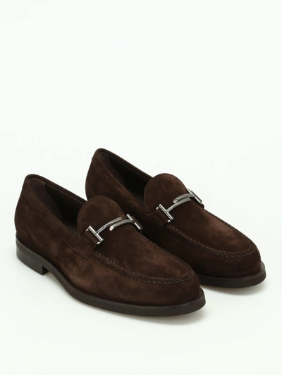 Shop Tod's Double T Suede Loafers In Dark Brown