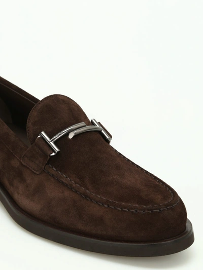 Shop Tod's Double T Suede Loafers In Dark Brown