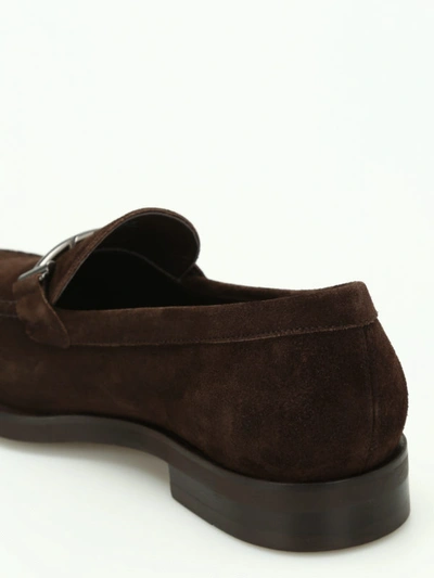 Shop Tod's Double T Suede Loafers In Dark Brown