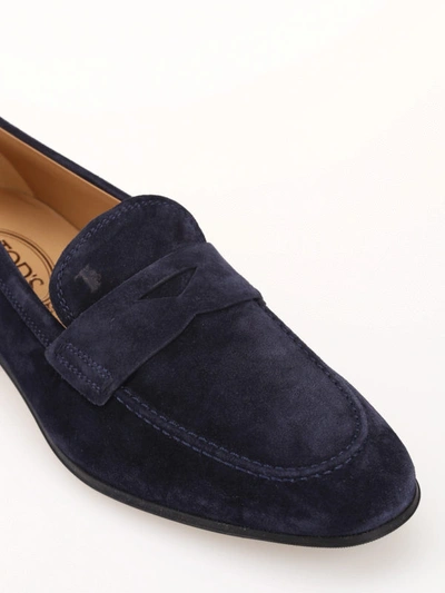 Shop Tod's Dark Blue Suede Loafers