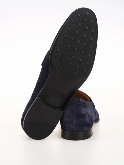 Shop Tod's Dark Blue Suede Loafers