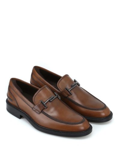 Shop Tod's Burnished Double T Brown Leather Loafers