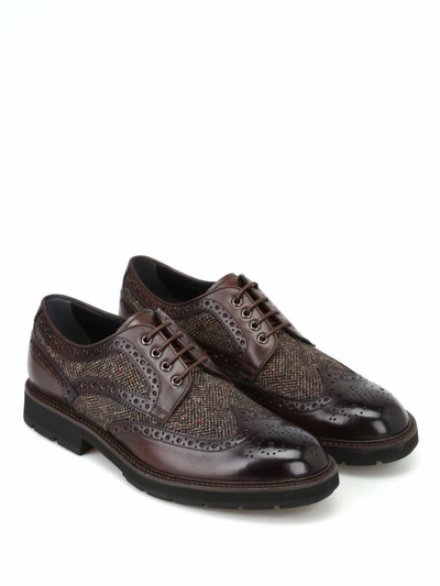 Shop Tod's Leather And Herringbone Fabric Derby Brogues In Brown