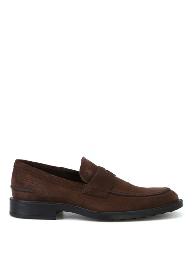 Shop Tod's Rubber Sole With Pebbles Suede Loafers In Dark Brown