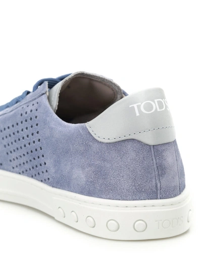 Shop Tod's Suede Sneakers With Drilled Details In Light Blue