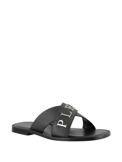 Shop Philipp Plein Metallic Logo Black Leather Flat Sandals