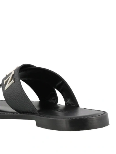 Shop Philipp Plein Metallic Logo Black Leather Flat Sandals