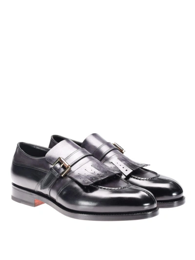 Shop Santoni Leather Loafers With Fringes In Black