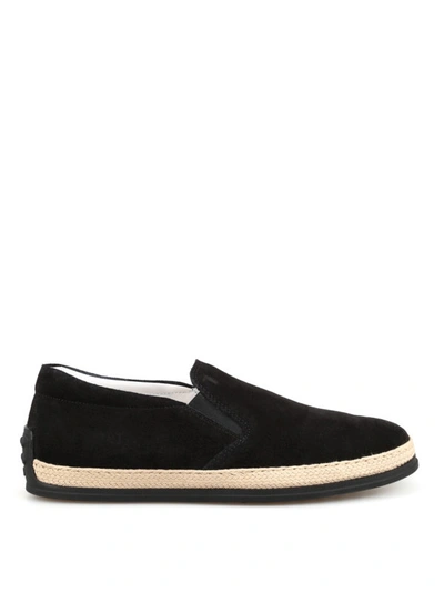 Shop Tod's Black Suede Espadrilles Style Slippers