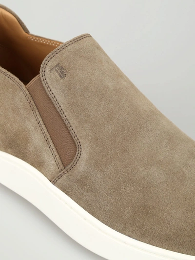 Shop Tod's Dark Beige Suede Slip-on Sneakers