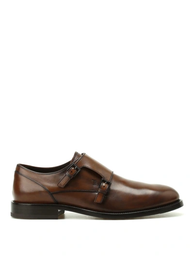 Shop Tod's Faded Glossy Leather Monk Straps In Brown