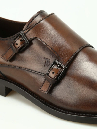 Shop Tod's Faded Glossy Leather Monk Straps In Brown