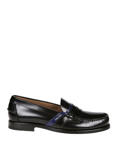 Shop Prada Leather Loafers With Contrasting Band In Black