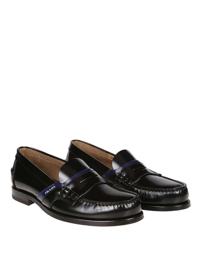 Shop Prada Leather Loafers With Contrasting Band In Black