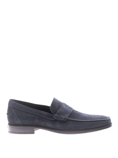 Shop Tod's Blue Suede Loafers With Rubber Sole In Dark Blue