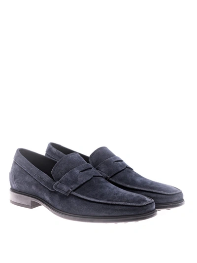 Shop Tod's Blue Suede Loafers With Rubber Sole In Dark Blue