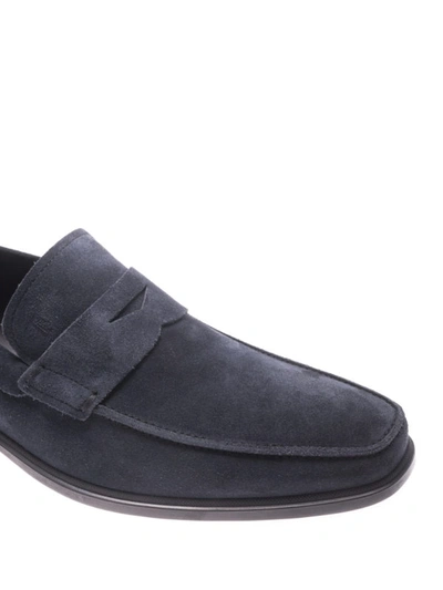 Shop Tod's Blue Suede Loafers With Rubber Sole In Dark Blue