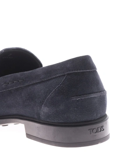 Shop Tod's Blue Suede Loafers With Rubber Sole In Dark Blue