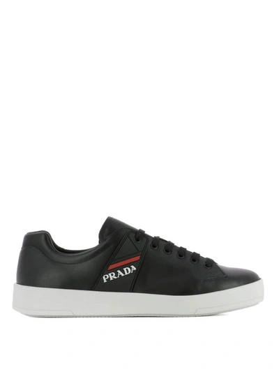 Shop Prada Black Leather Lace-up Sneakers