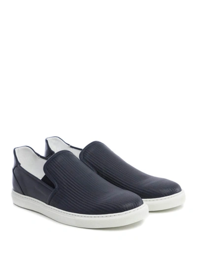 Shop Corneliani Blue Textured Leather Slip-ons In Dark Blue