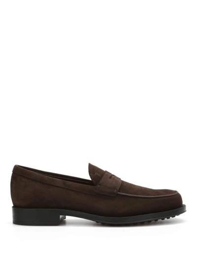 Shop Tod's Gomma Suede Loafers In Brown