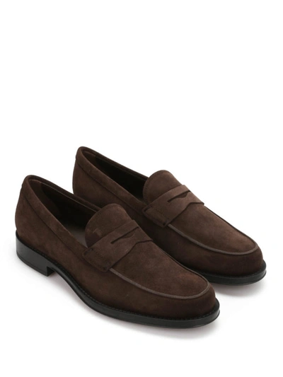 Shop Tod's Gomma Suede Loafers In Brown