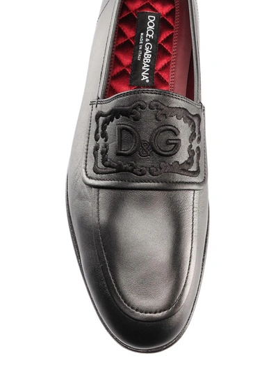 Shop Dolce & Gabbana Polished Leather Embroidered Loafers In Black