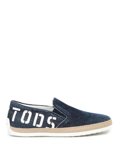 Shop Tod's Logo Print Faded Denim Slip-ons In Dark Wash