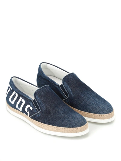 Shop Tod's Logo Print Faded Denim Slip-ons In Dark Wash