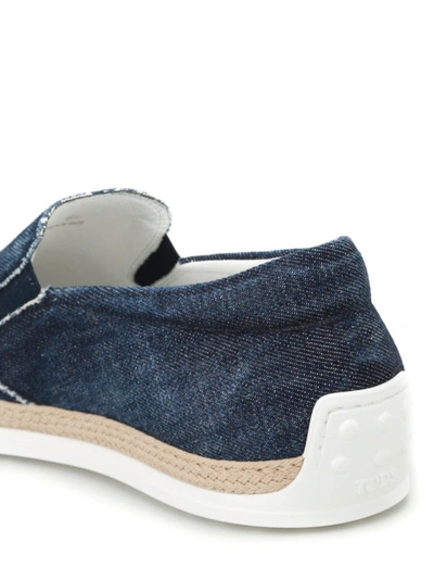 Shop Tod's Logo Print Faded Denim Slip-ons In Dark Wash