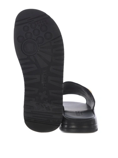 Shop Versace Hammered Leather Slides In Black