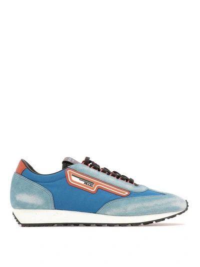 Shop Prada Sky Blue Fabric And Used Suede Sneakers In Light Blue