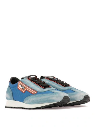 Shop Prada Sky Blue Fabric And Used Suede Sneakers In Light Blue