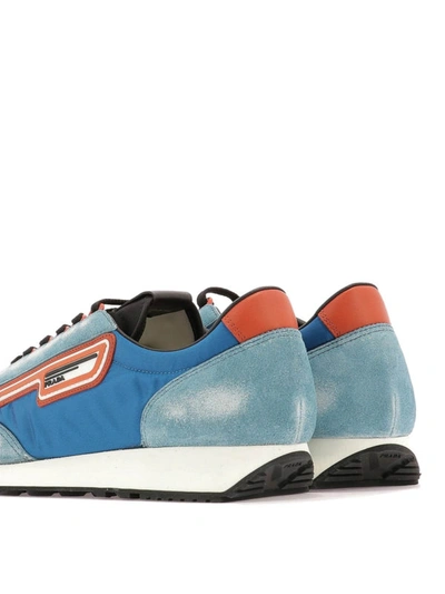 Shop Prada Sky Blue Fabric And Used Suede Sneakers In Light Blue