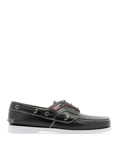 Shop Prada Black Leather Classic Boat Shoes