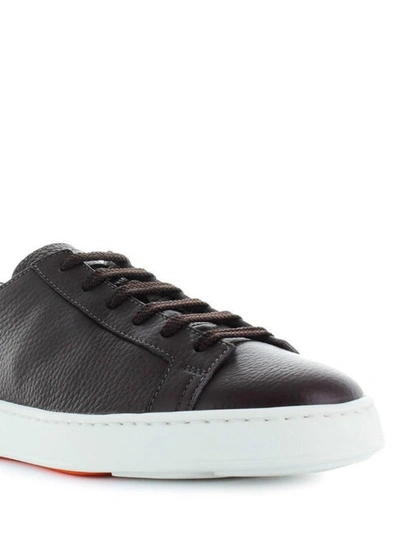 Shop Santoni Hammered Leather Low Top Sneakers In Dark Brown