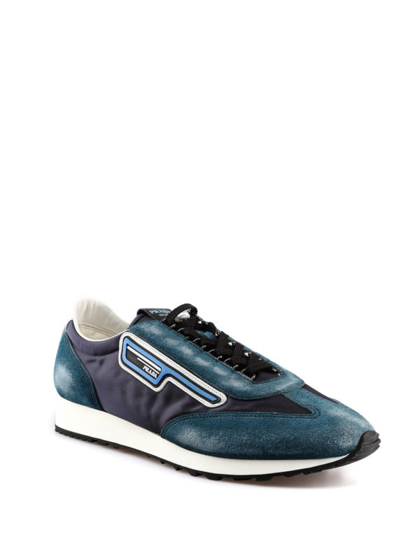 Prada Mln 70 Blue Fabric And Used Suede Sneakers In Black | ModeSens