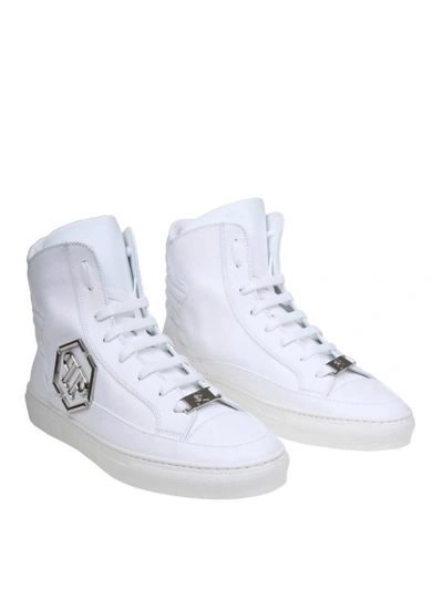 Shop Philipp Plein Metal Logo White Leather High Top Sneakers
