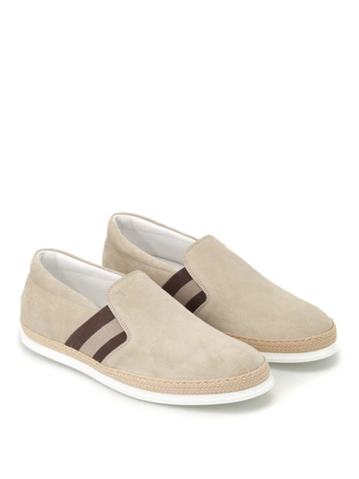 Shop Tod's Raffia Trimmed Beige Suede Slip-ons