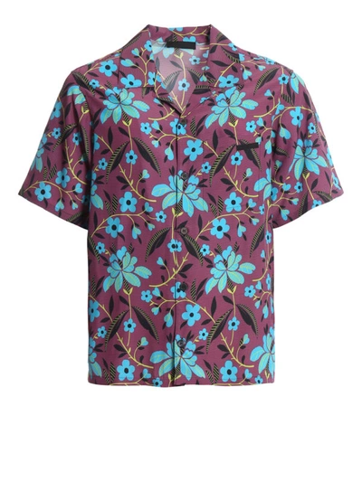 Shop Prada Floral Print Short Sleeve Shirt In Purple