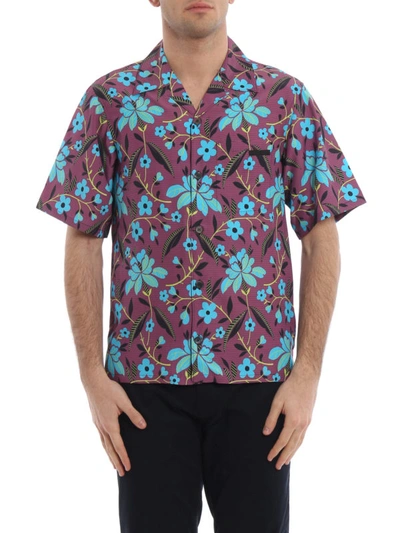 Shop Prada Floral Print Short Sleeve Shirt In Purple