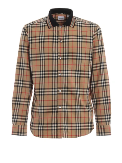 Shop Burberry Slim Check Cotton Shirt With Knit Collar In Beige