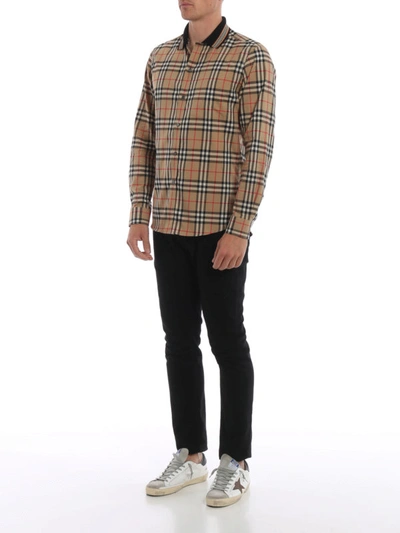 Shop Burberry Slim Check Cotton Shirt With Knit Collar In Beige